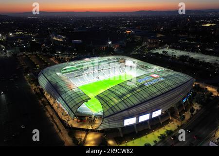 Una vista aerea generale del BMO Stadium, domenica 25 giugno 2023, a Los Angeles. Foto Stock