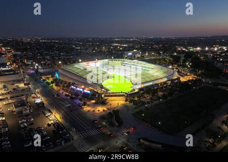 Una vista aerea generale del BMO Stadium, domenica 25 giugno 2023, a Los Angeles. Foto Stock