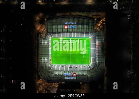 Una vista aerea generale del BMO Stadium, domenica 25 giugno 2023, a Los Angeles. Foto Stock