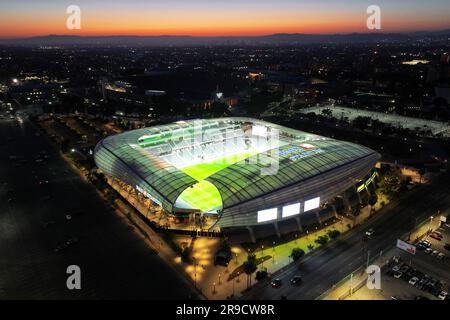 Una vista aerea generale del BMO Stadium, domenica 25 giugno 2023, a Los Angeles. Foto Stock