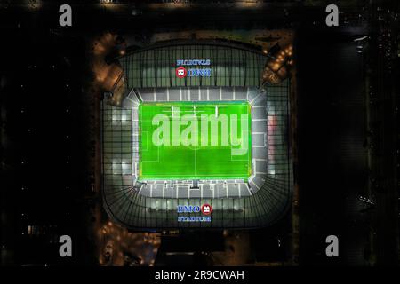 Una vista aerea generale del BMO Stadium, domenica 25 giugno 2023, a Los Angeles. Foto Stock