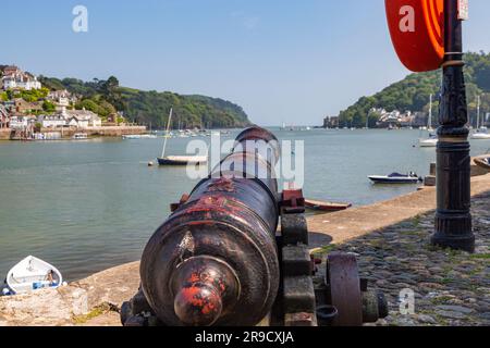 Canon View, guardando verso la foce del fiume Dart e il Castello di Dartmouth da Bayards Cove Quay con lo storico canone. Foto Stock