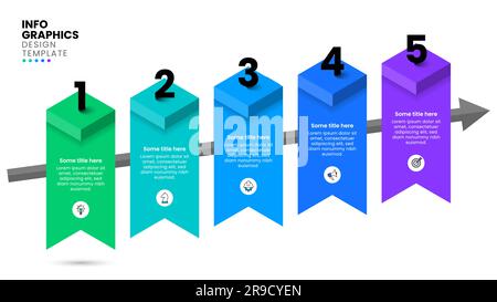 Modello infografico con icone e 5 opzioni o passaggi. Scale astratte. Può essere utilizzato per layout del flusso di lavoro, diagrammi, webdesign. Illustrazione vettoriale Illustrazione Vettoriale