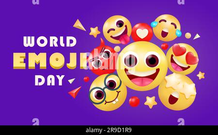 Giornata mondiale delle emoji, simpatico viso emoji e diverse espressioni facciali con stelle ed elementi d'amore. Perfetto per eventi ed elementi di design Illustrazione Vettoriale