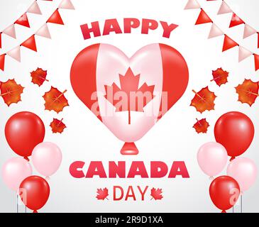 Happy Canada Day, illustrazione vettoriale 3d di un palloncino con bandiera canadese, con elemento foglia d'acero. Perfetto per il giorno dell'indipendenza Illustrazione Vettoriale