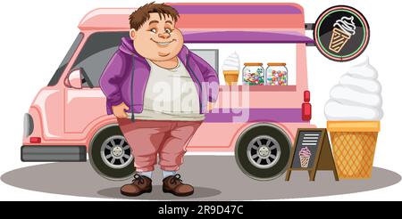 Uomo in sovrappeso davanti all'illustrazione del camion dei gelati Illustrazione Vettoriale
