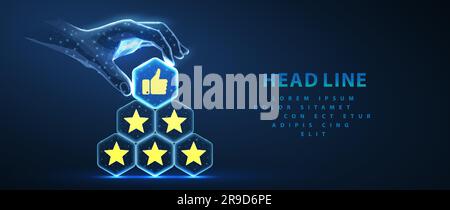 Valutazione della recensione del cliente con cinque stelle e pollice in alto. Reputazione 5 stelle Illustrazione Vettoriale