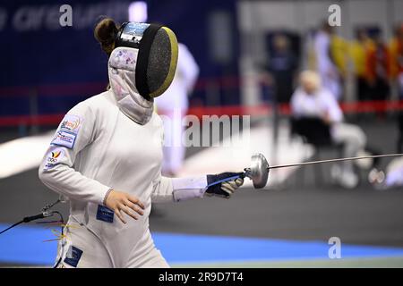 Cracovia, Polonia. 26 giugno 2023. L'atleta di scherma Solane Beken è stata fotografata in azione durante una lotta nella competizione femminile di epee, ai Giochi europei di Cracovia, in Polonia, lunedì 26 giugno 2023. I III Giochi europei, informalmente noti come Cracovia-Malopolska 2023, sono un evento sportivo internazionale in programma che si terrà dal 21 giugno al 02 luglio 2023 a Cracovia e Malopolska, in Polonia. BELGA PHOTO LAURIE DIEFFEMBACQ Credit: Belga News Agency/Alamy Live News Foto Stock