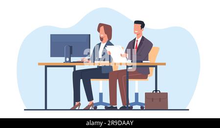 Coppia felice uomo e donna lavorano insieme, seduti alla stessa scrivania con un grande monitor. Persone che lavorano a casa o in ufficio, cartoni animati di collaborazione dei dipendenti Illustrazione Vettoriale