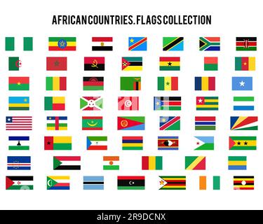 Icone bandiera Africa impostate. Bandiere originali dei paesi africani - Egitto, Nigeria, Sudafrica e altri. Elemento grafico vettoriale stock. 55 simboli Illustrazione Vettoriale