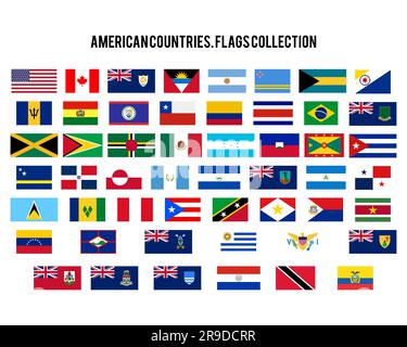 Set di icone bandiera Americhe. Bandiere originali dei paesi dell'America - USA, Canada, Argentina e altri. Elemento grafico vettoriale stock. 52 simboli Illustrazione Vettoriale