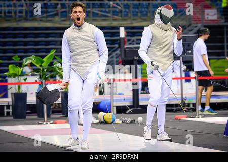 Cracovia, Polonia. 26 giugno 2023. Elisha Yuno dei Paesi Bassi gareggia sulla scherma - Foil individuale maschile al giorno 6 dei Giochi europei il 26 giugno 2023 a Cracovia, in Polonia. (Foto di Pablo Morano/Agenzia BSR) credito: Agenzia BSR/Alamy Live News Foto Stock