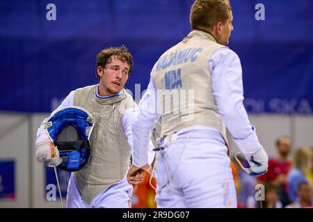 Cracovia, Polonia. 26 giugno 2023. Teun Jans-Kohneke dei Paesi Bassi gareggia su Fencing - Men's Foil Individual al giorno 6 dei Giochi europei il 26 giugno 2023 a Cracovia, in Polonia. (Foto di Pablo Morano/Agenzia BSR) credito: Agenzia BSR/Alamy Live News Foto Stock