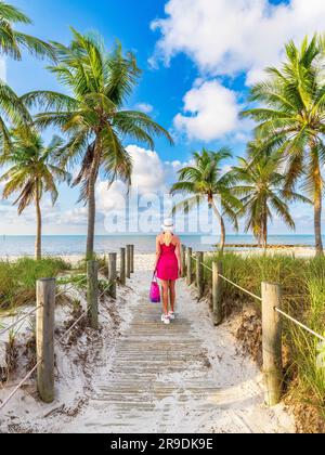 Smathers Beach, Sunrise splendidamente incorniciato da Palm Trees Key West, Florida, USA Foto Stock