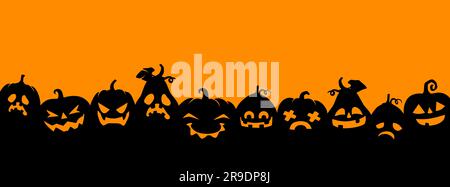 Silhouette di zucca di Halloween sfondo panoramico. Sfondo orizzontale vettoriale per Halloween o sfondo horror con lanterna Jack o, volti spaventosi e inquietanti, sculture sorridenti di zucca Illustrazione Vettoriale