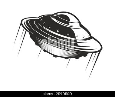 Disco volante UFO Icon con segnaletica monocromatica vettoriale isolata. Placca aliena dinamica e futuristica, che rappresenta mistero, esplorazione, fenomeni extraterrestri, sconosciuti, e viaggi interstellari Illustrazione Vettoriale