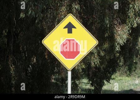 Un primo piano del simbolo di stop rosso e della freccia nera che puntano dritto in Australia Foto Stock