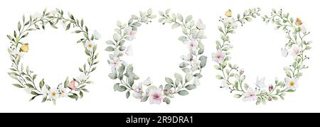 Set di ghirlande di acquerelli con fiori, foglie e farfalle. Collezione vettore botanico isolato su sfondo bianco adatto per matrimoni Invitati Foto Stock