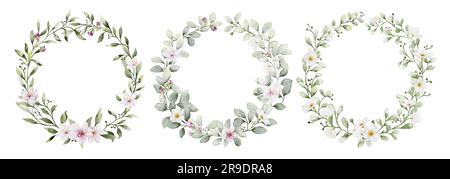 Set di ghirlande ad acquerello con fiori e foglie. Collezione vettore botanico isolato su sfondo bianco adatto per l'invito al matrimonio, salva Foto Stock