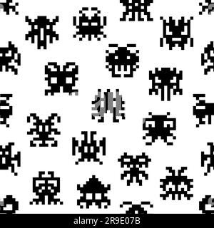 Gioco arcade Pixel Monster pattern senza cuciture, cartoni animati retrò a 8 bit creature aliene, sfondo vettoriale. Pixel art di un videogioco di mostri a 8 bit o creature robotiche, demoni cosmici o personaggi bizzarri Illustrazione Vettoriale