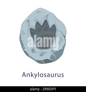 Antiche impronte di dinosauri, fossili di ankylosaurus. Impronta isolata della zampa di un animale con dino vettoriale in un pezzo di pietra. Antica impressione di sentiero pedonale dei rettili. Cartoni giurassici archeologia e paleontologia reperti Illustrazione Vettoriale