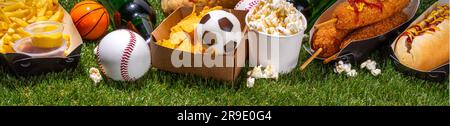 Piatti tradizionali dello stadio e birra di sottofondo, set di vari tipi di baseball, pallacanestro, tifosi di football e spuntini dello stadio, patatine, salse, hot dog, wi-fi Foto Stock