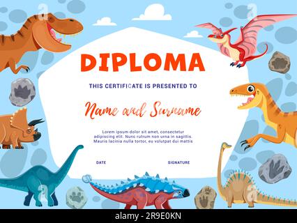 Diploma per bambini, personaggi dei dinosauri dei cartoni animati e impronte di pietre fossili. Diploma di scuola di Paleontologia o asilo. Modello di cornice Vector Award con divertenti dinosauri preistorici Illustrazione Vettoriale