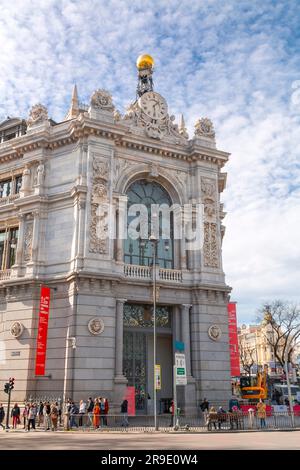 Madrid, Spagna - FEB 16, 2022: Il Banco de Espana è la banca centrale della Spagna. Fondata a Madrid nel 1782 da Carlo III, situata sulla Calle de Alca Foto Stock