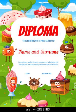 I bambini diplomano cartoni animati, dolci e personaggi della torta sul prato estivo. Cornice Vector Award, modello di certificato con simpatici pudding, muffin, torta, caramelle, macaroon o ciambelle Illustrazione Vettoriale