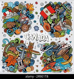 Canada cartone animato vettore doodle disegni set. Composizioni colorate e dettagliate con molti oggetti e simboli canadesi. Illustrazione Vettoriale