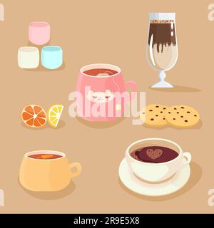 Un set di bevande. Tè, caffè, dessert tiramisù, limone, marshmallow per caffè e biscotti. Autunno accogliente con tè. Illustrazione Vettoriale