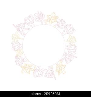 Telaio a fiore a molla. Tulipani e corona di fiori di narciso a linea d'inchiostro per la progettazione di biglietti o inviti Illustrazione Vettoriale