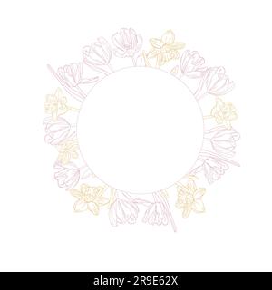 Telaio a fiore a molla. Tulipani e corona di fiori di narciso a linea d'inchiostro per la progettazione di biglietti o inviti Illustrazione Vettoriale