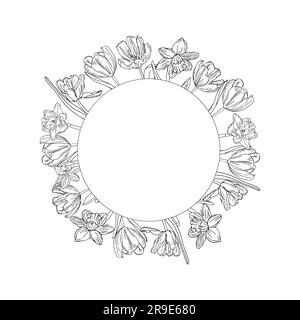 Telaio a fiore a molla. Tulipani e corona di fiori di narciso a linea d'inchiostro per la progettazione di biglietti o inviti Illustrazione Vettoriale