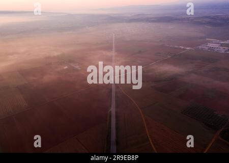 Vista aerea di una strada tra i campi di mais della Grecia settentrionale durante l'alba. Foto Stock