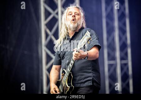 Oslo, Norvegia. 21 giugno 2023. La rock band svedese Sator esegue un concerto dal vivo durante il festival musicale norvegese Tons of Rock 2023 a Oslo. Qui il chitarrista Chips Kiesbye è visto dal vivo sul palco. (Foto: Gonzales Photo - Terje Dokken). Foto Stock