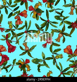 Motivo senza cuciture con fiori di melograno su sfondo azzurro. Foto Stock