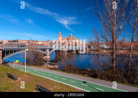 Salamanca, Spagna - 20 febbraio 2022: Vista dello skyline di Salamanca con la cattedrale di fronte al fiume Tormes, Salamanca. Foto Stock