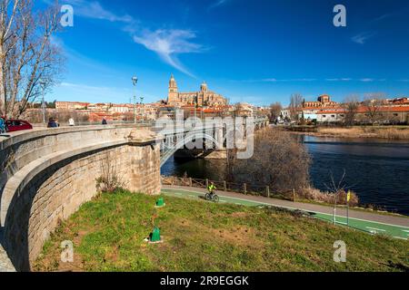 Salamanca, Spagna - 20 febbraio 2022: Vista dello skyline di Salamanca con la cattedrale di fronte al fiume Tormes, Salamanca. Foto Stock