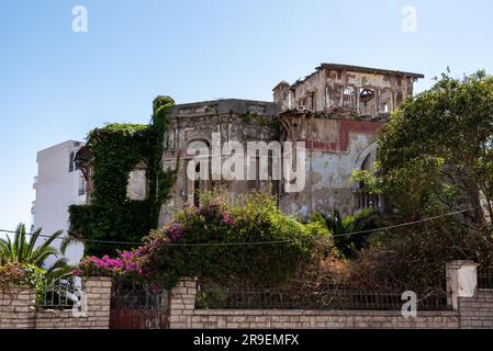 Antica villa abbandonata nel ricco quartiere Marshan di Tangeri, Marocco Foto Stock