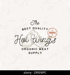 Modello con logo per etichette Vector avicole. Illustrazione stile incisione carne con tipografia. Ali di pollo retrò disegnate a mano emblema isolato Illustrazione Vettoriale