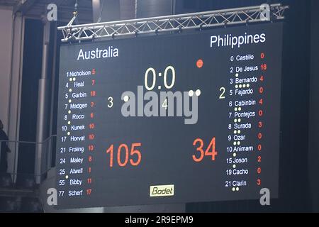 26 giugno 2023; The Quaycenter, Sydney Olympic Park, Sydney, NSW, Australia: FIBA Womens Asia Cup 2023, gruppo B, Australia contro Filippine; tabellone di valutazione alla fine della partita Foto Stock