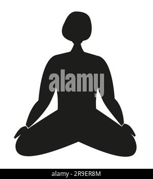 Persona che pratica la posa di loto yoga. Meditazione e relax. Illustrazione vettoriale nella silhouette. Isolato su sfondo bianco. Illustrazione Vettoriale