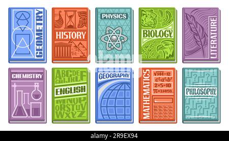 Set di libri di testo Vector School, collezione di illustrazioni ritagliate di libri scolastici variopinti, diversi libri di testo per la biblioteca di studio, gruppo di Illustrazione Vettoriale