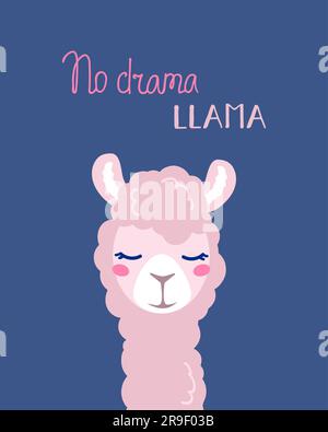 Carino cartone animato lama alpaca con scritta unica al lampone disegnata a mano citazione No drama llama. Illustrazione vettoriale. design esclusivo per carte, poster, t-shirt, inviti. Lama rosa su sfondo blu. Illustrazione Vettoriale