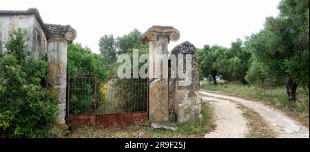 Una porta in pietra in rovina con cancelli di ferro su colonne ioniche nella campagna con arbusti e alberi e percorso agricolo attraverso un uliveto. Cefalonia. Foto Stock