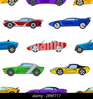 Motivo colorato di auto sportive su sfondo bianco in stile cartoni animati per stampe e design. Illustrazione vettoriale. Illustrazione Vettoriale