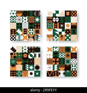 Set vettoriale con elementi geometrici astratti colorati e minimalisti. Mosaico contemporaneo con forme semplici e varie, curve, linee, zigzag. Illustrazione Vettoriale