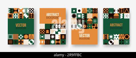 Set vettoriale con elementi geometrici astratti colorati e minimalisti. Mosaico contemporaneo con forme semplici e varie, curve, linee, zigzag. Illustrazione Vettoriale