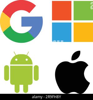 Set di loghi realistici per finestre android, Google, Apple e Microsoft. Logo del sistema operativo per dispositivi mobili. Icona del logo del sistema operativo Illustrazione Vettoriale